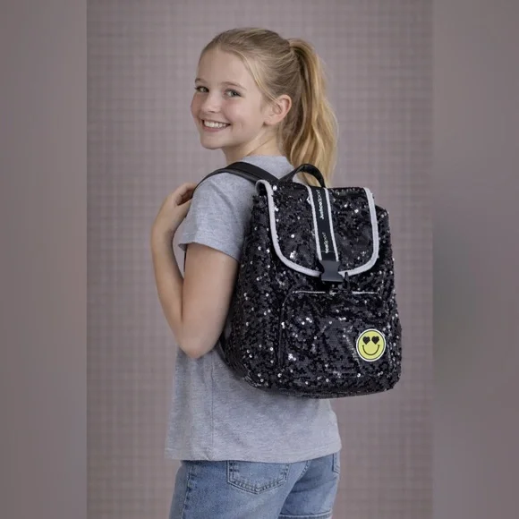 New‎ With Tags Justice One Size Mini Bag Black Sequins With Smiley Face
