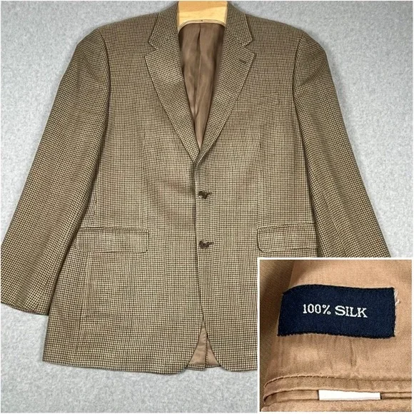 Men's Chaps Ralph Lauren 100% Silk Tan Houndstooth 2-Button 44L‎ Blazer Jacket