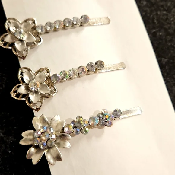 Set Of 3 Silver floral Design AB rhinestone embellished hairpins Wedding Prom