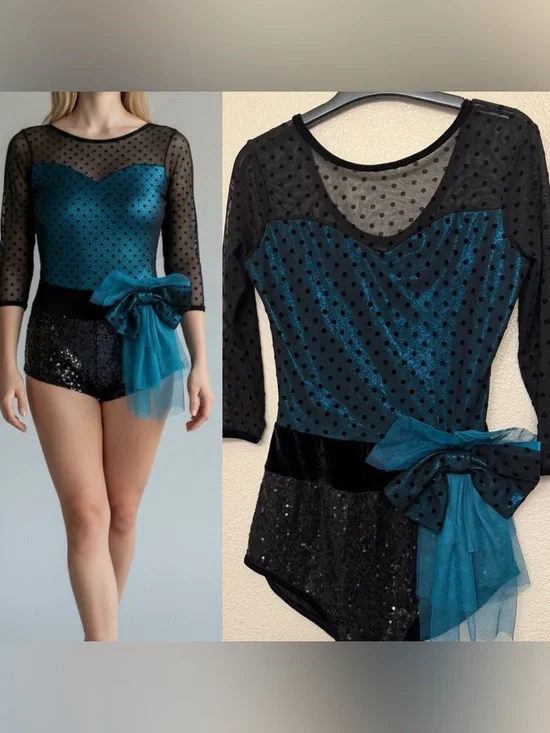 Curtain Call Dance Costume custom E1386 blue polkadot mesh leotard MA med adult
