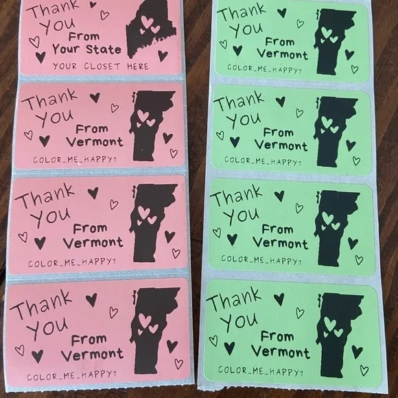 100 Personalized Thank You Thermal Stickers Your State Closet Name Green or Pink