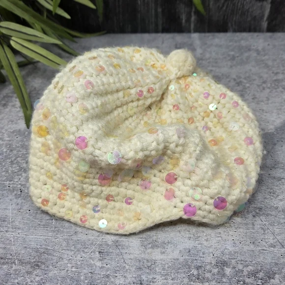 Justice Girls Cream Beanie Hat with Pastel Sequins