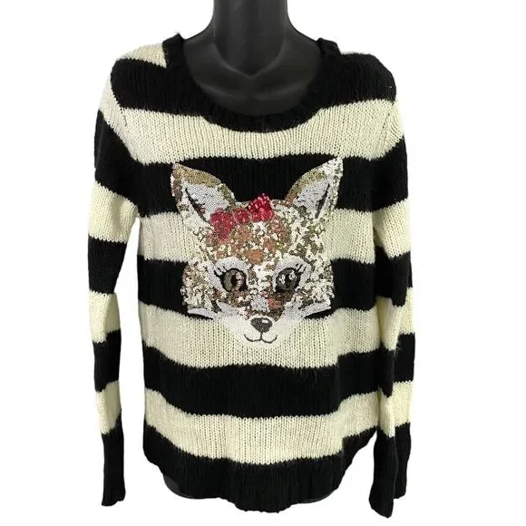 Justice Sequin Critter Fox Black White Striped Sweater Size 20