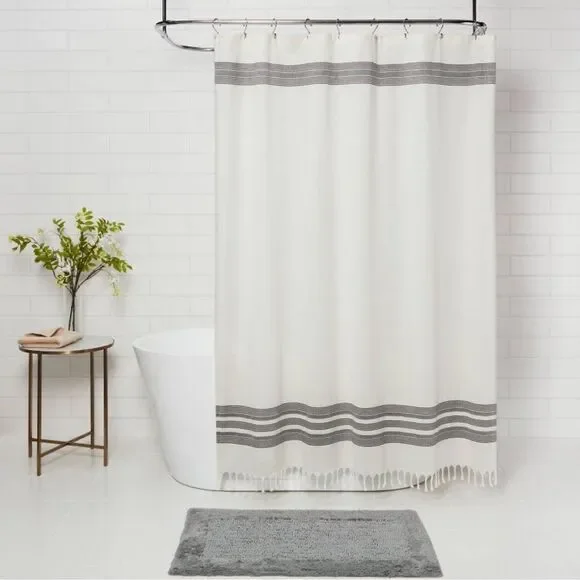 Threshold‎ Striped Fringe Shower Curtain off-white