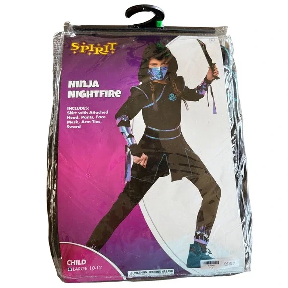Spirit Halloween Ninja‎ Nightfire Kids Costume Large 10-12 Black Iridescent Set