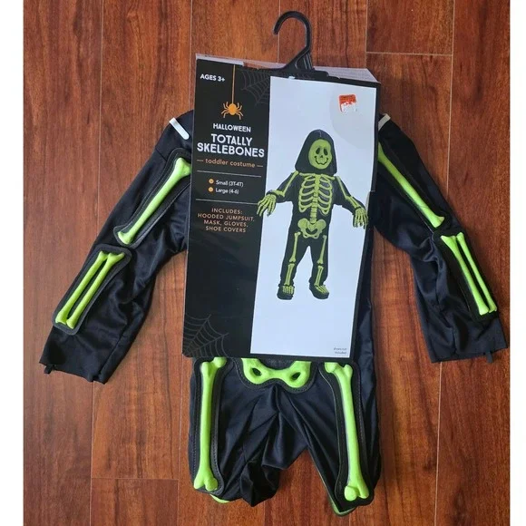 Halloween Totally Skelebones Toddler Costume Small 3T-4T Black Neon Green 4pc