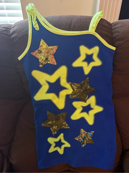 Blue Justice Tank Dress with Neon Yellow Stars