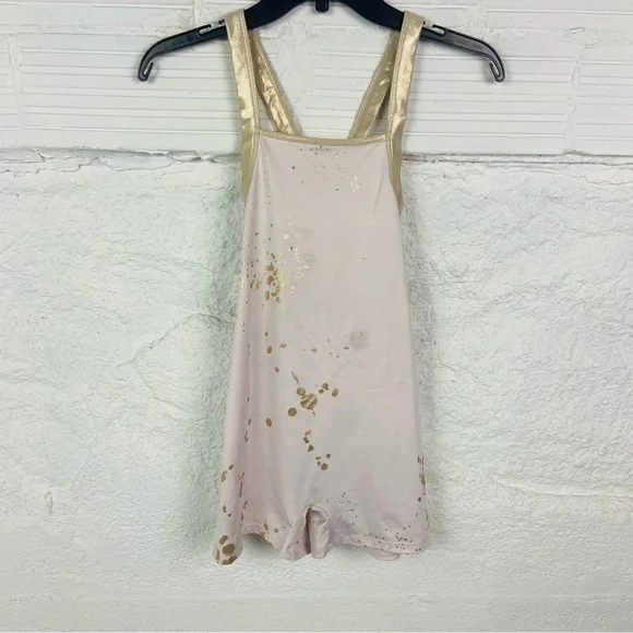 Justice light pink and golden splatter print stretch gymnastics, Roper onesie XL