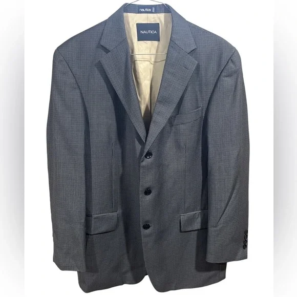 Nautica Wool 3 Button‎ Gray Blue Black Houndstooth Sport Coat Jacket Blazer 42R