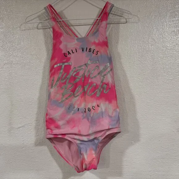 Justice Swimsuit Girls Large 12/14 One Piece Cali Vibes Bathing Suit Tie Dye