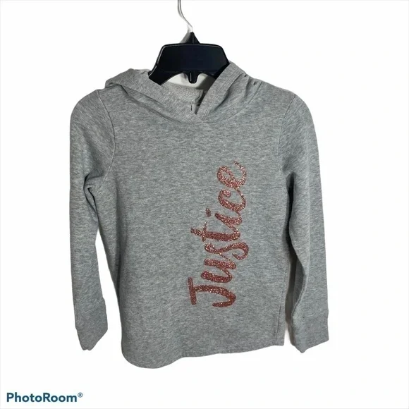 Justice Hooded Sweatshirt Sz 7 Gray Pink Glitter
