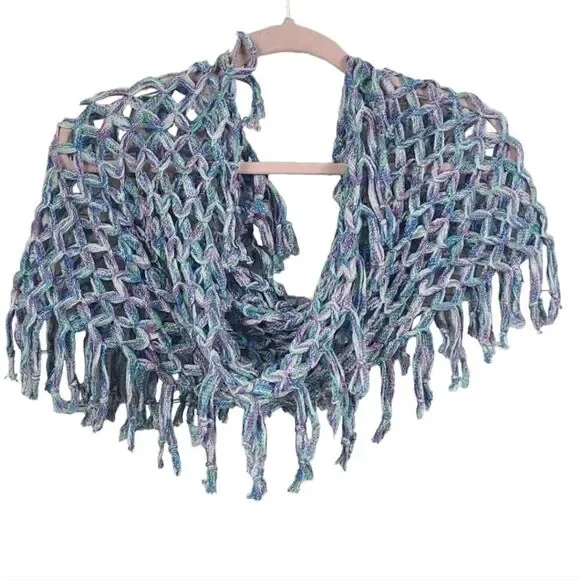 Justice Sparkly Braided Infinity Scarf Crochet Open Loose Knit Tassel Purple