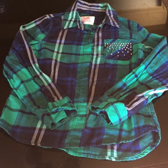 Justice long sleeve plaid green and blue shirt size 6