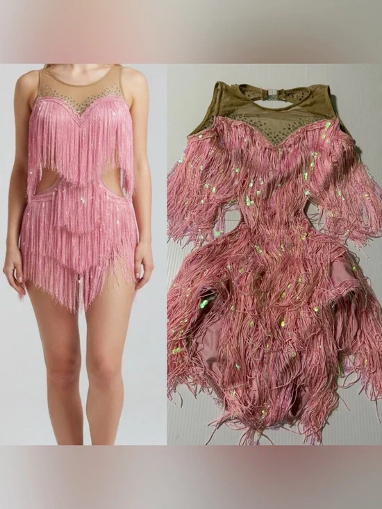 Glamour competition, solo dance costume pink fringe ballroom flapper jazz XSA