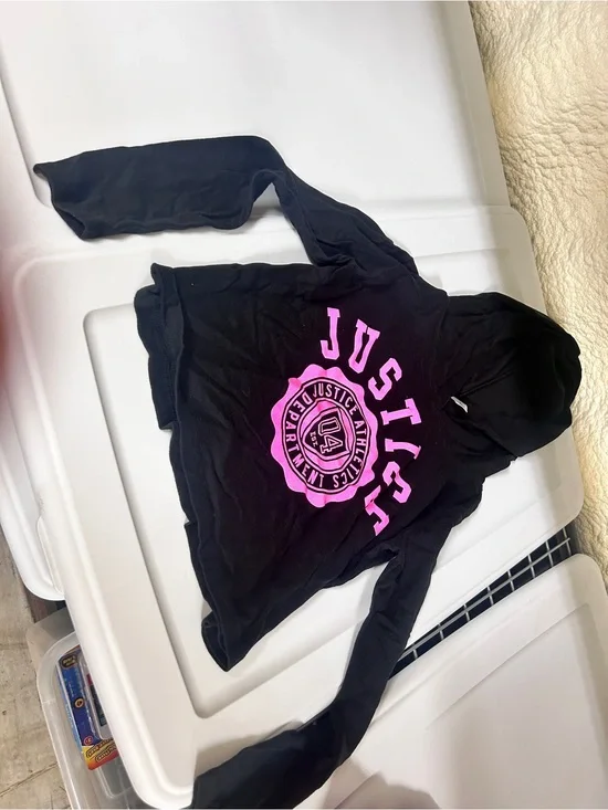 Justice Black Hoodie with Bright Pink Logo