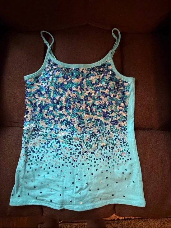 Justice Girls Aqua Sequin Spaghetti Strap Tank Top