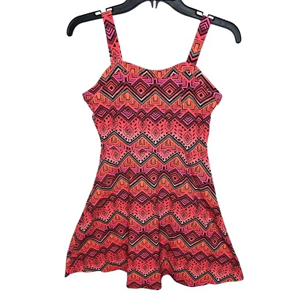 Justice Girls Pink Orange Tribal Geometric Skater‎ Dress Size 14/16 Sleeveless