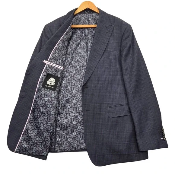 English Laundry Navy Blue Glen Plaid Wool Blend Blazer Jacket Mens 44R‎