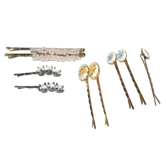 Vtg lot Floral Flower Ceramic Bobby Pin Hair Pins beads rhinestones cats 9pc