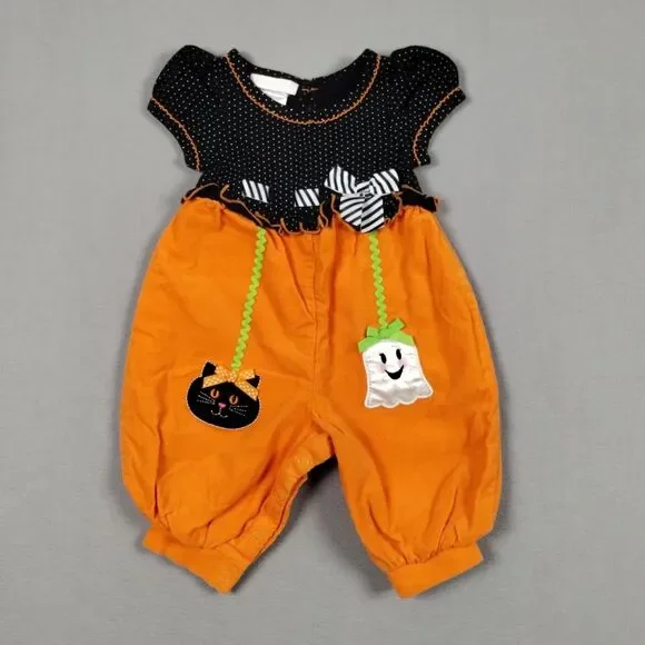Bonnie Jean Baby Halloween Romper Cat Ghost Corduroy Orange Black Size 6-9 Month