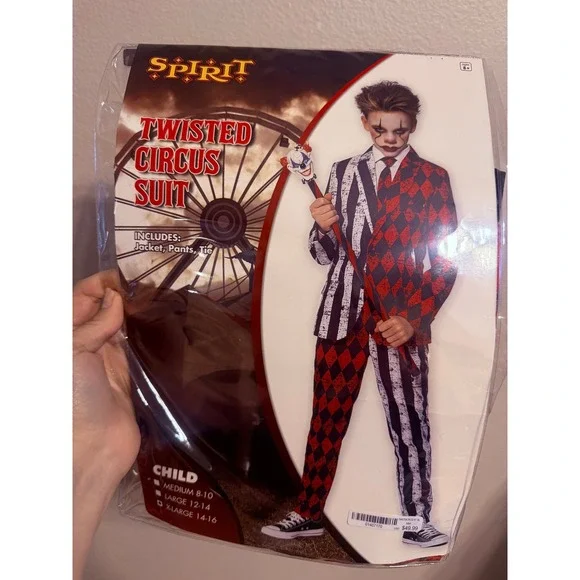 Spirit Halloween Kids Twisted Circus Suit Clown Costume Red Black XL 14-16