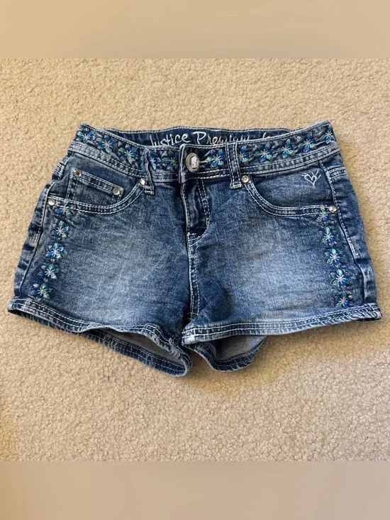 Justice Premium Denim Floral-Embroidered Jean Shorts