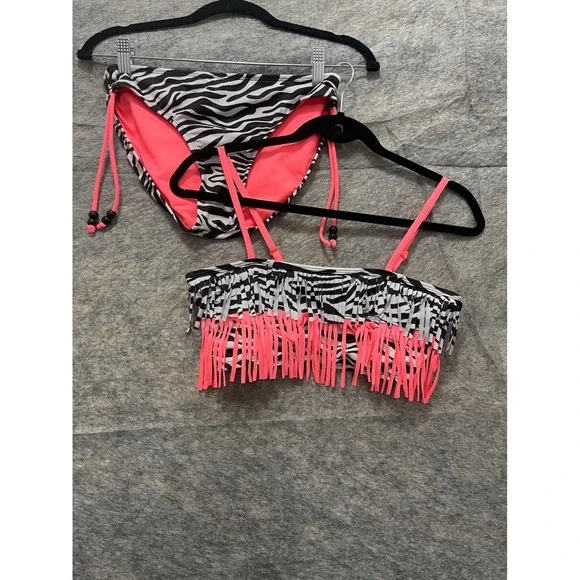 Justice Girls Zebra Print Fringe Bikini Set Neon Pink Black White Size 18