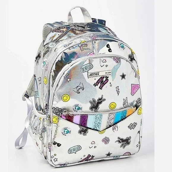 NWT justice holographic sticker pocket full size backpack silver