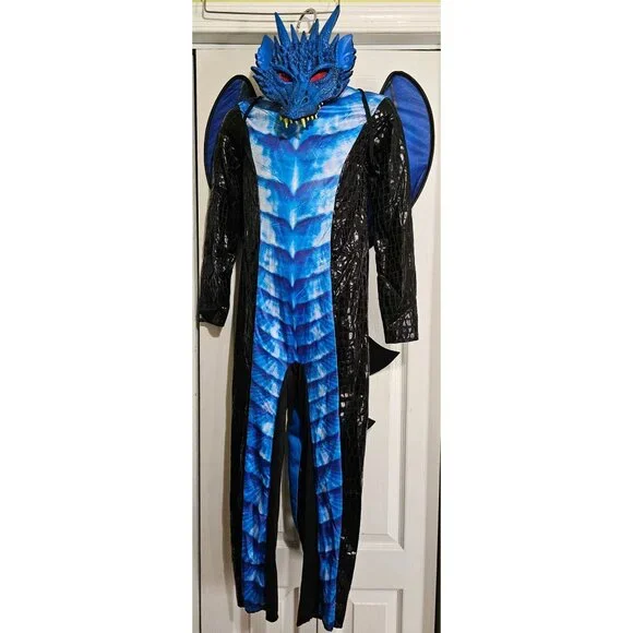 Deadly Dragon Kids Costume Black Blue scales Mask Tail Wings Halloween Boys 8-10