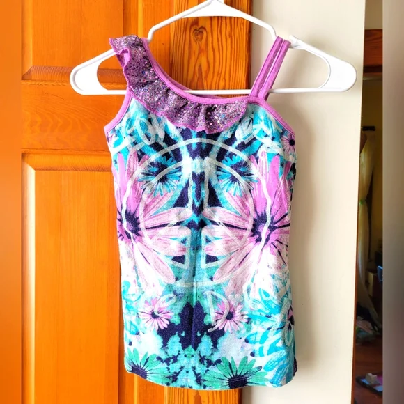 Justice 10 floral tie dye peace sign sequin ruffle tank top