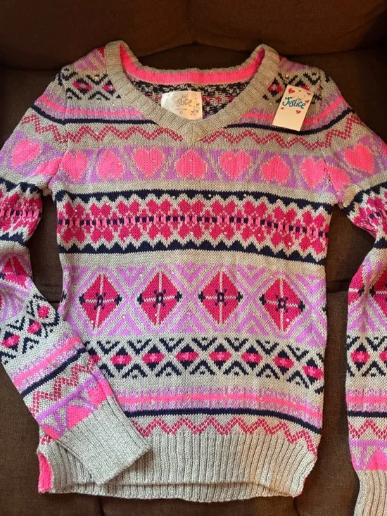 NWOT Justice Girls Pink and Gray Fair Isle Knit Sweater