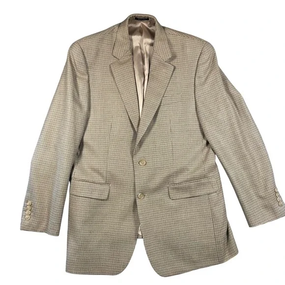 Ralph Ralph Lauren Mens 40L Silk Wool Houndstooth Sport Coat Blazer Tan Brown