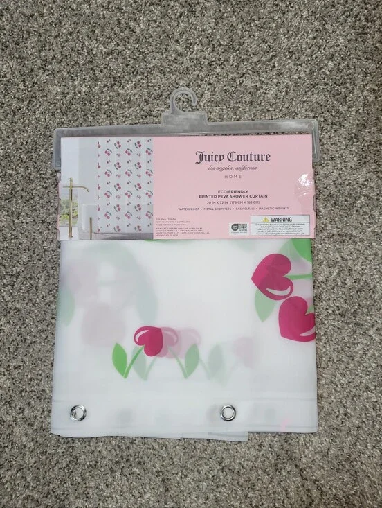 Juicy Couture Shower Curtain Cherry Print JC Monogram Logo 70x72 Waterproof Y2K