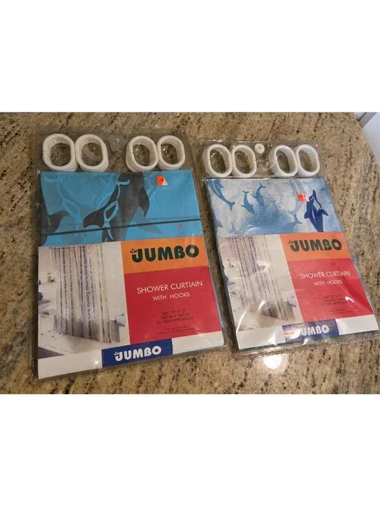 New! Lot of 2 Dolphin Shower Curtains w Hooks Blue Plastic Jumbo 72x72