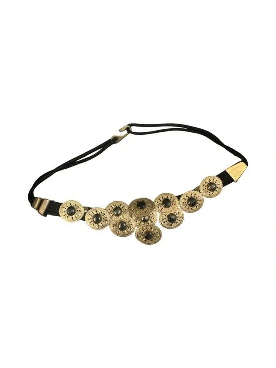Vintage Gold Toned Metal Medallion Boho Disk Concho Stretch Waist Belt - Black