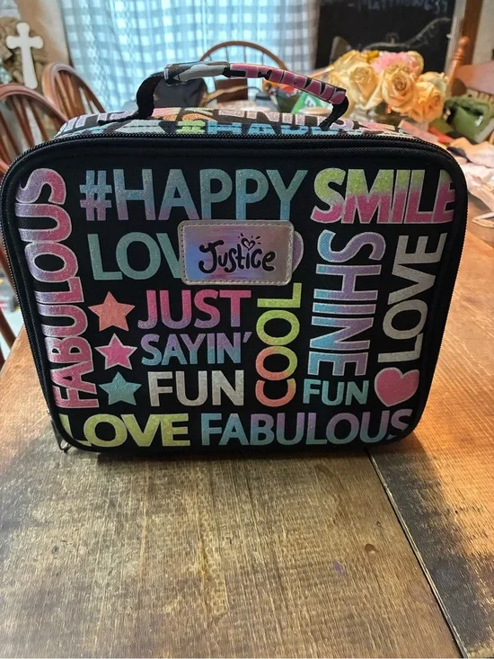 Justice Black lunch bag with Pastel Rainbow Text