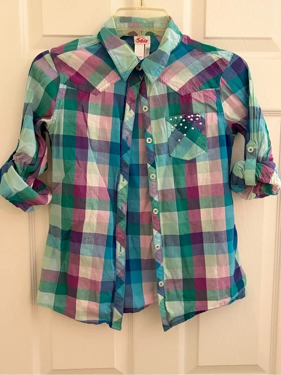 Justice Girls Plaid Button-Up Shirt - Mint, Teal & Purple