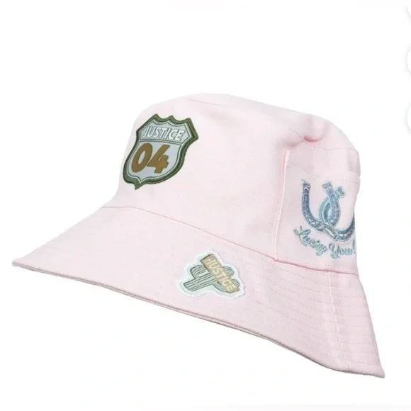 Justice Light Pink Sporty Bucket Hat Girls One Size Patches NWT