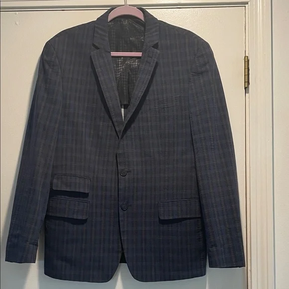 John Varvatos Dark Navy Plaid Sport Double Button 3 Pocket Back Flaps Jacket