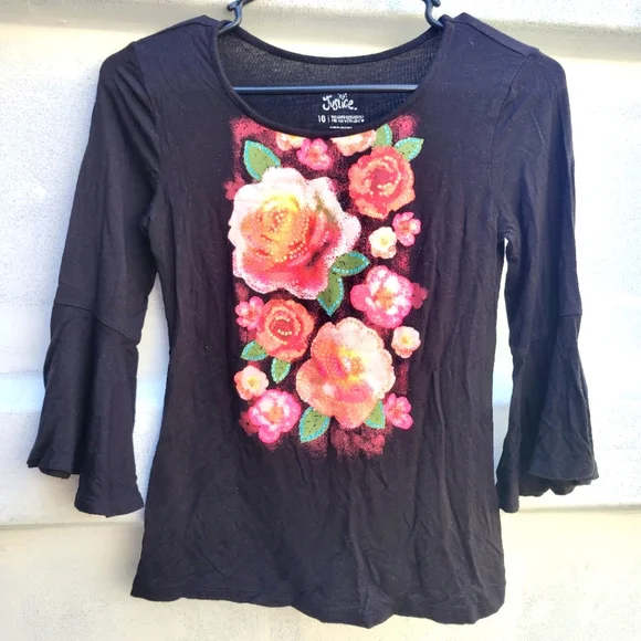 Justice 10 bell 3/4 sleeve glitter floral top shirt blouse girls