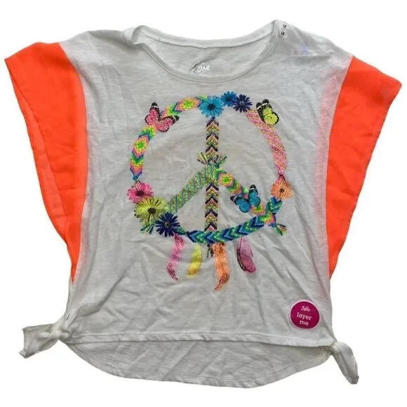 Justice Girls Top White Neon Dream Catcher Peace‎ Butterfly Side Knot Sz 18 NEW