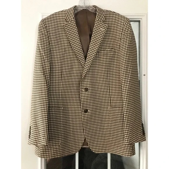 Stafford Sport Coat 44‎ REG Slim Fit Brown Gingham Check Wool Blazer