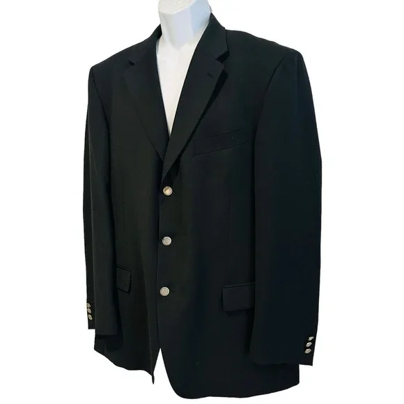 Emanuel Ungaro Mens Blazer Suit Coat Black Wool 44L Long Silver Tone‎ Buttons