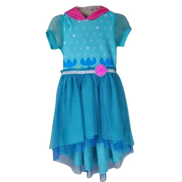 Dreamworks Trolls World Tour Girls Costume Dress Hooded Tulle Ruffle Sz Small