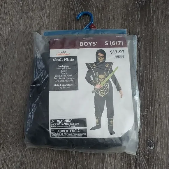 Skull Ninja Halloween Costume for Kids - Black - Small (6-7)
