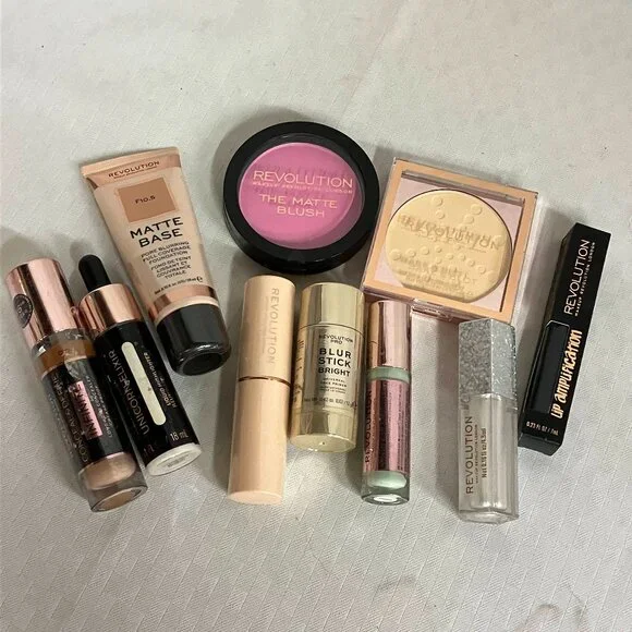 Revolution Makeup Lot Of 10 Concealer Blush Lipstick Primer Powder & More
