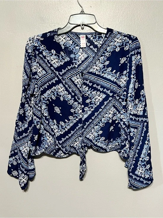 Justice Navy Blue Floral Crinkle Gauze Button Tie Front Top 18/20
