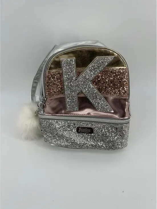 Justice glitter stripe initial mini girls backpack K, Used