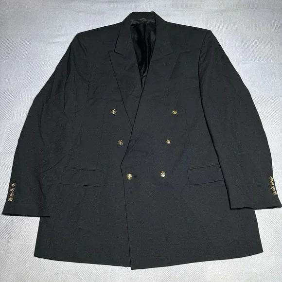 Vintage Austin Reed Blazer Mens 46L Gold Button Double Breasted Black‎ Wool