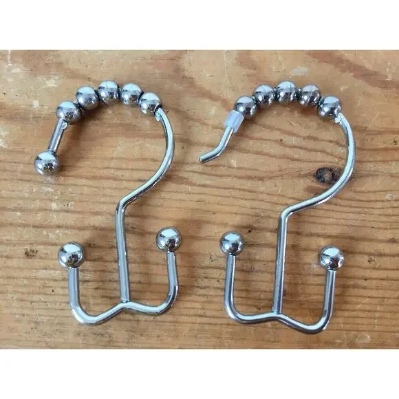 LOT 36 Shiny Polished Chrome Double Shower Curtain + Liner Rollerball Hooks